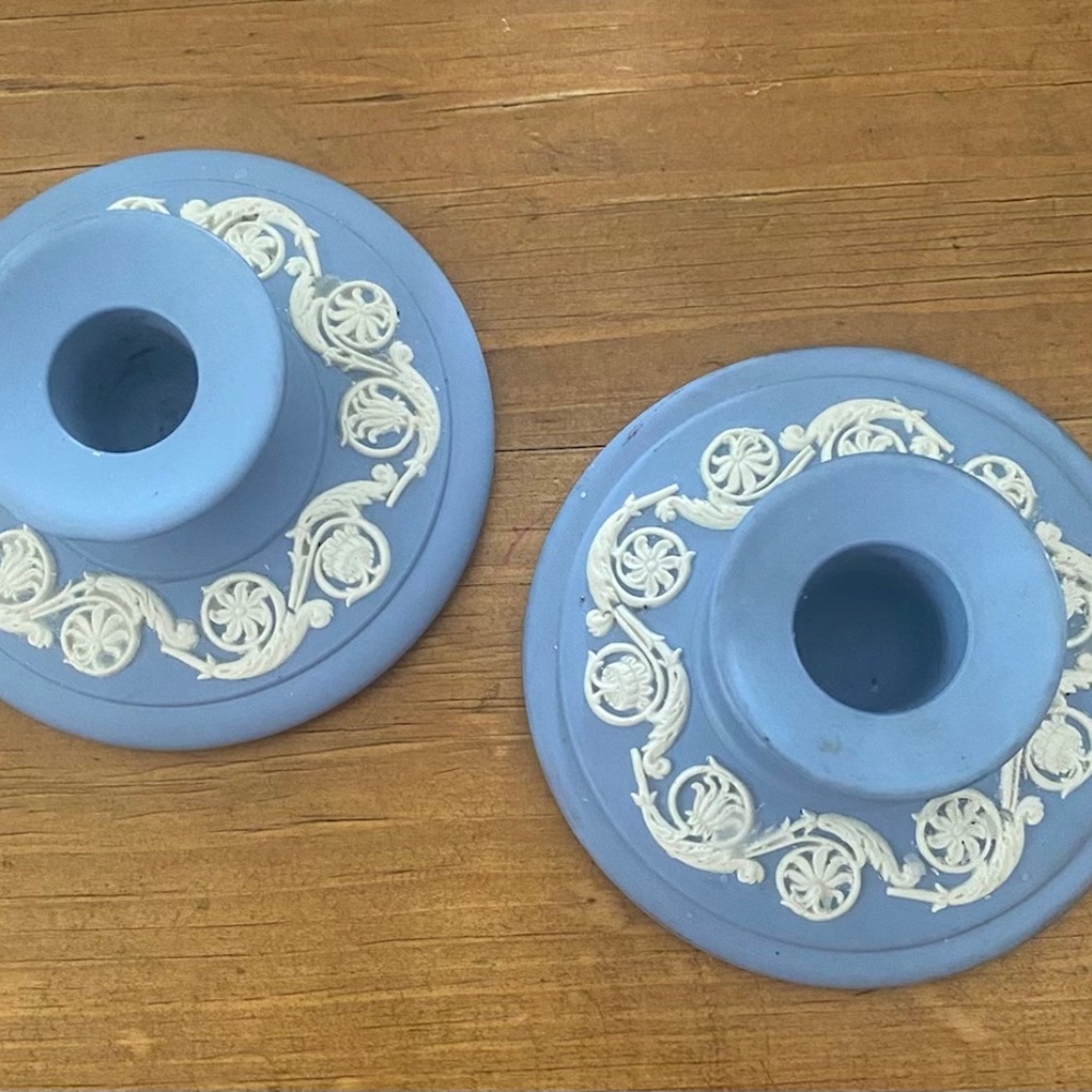 Pair of Vintage Blue Wedgewood Candle Holders - Picture 2 of 5